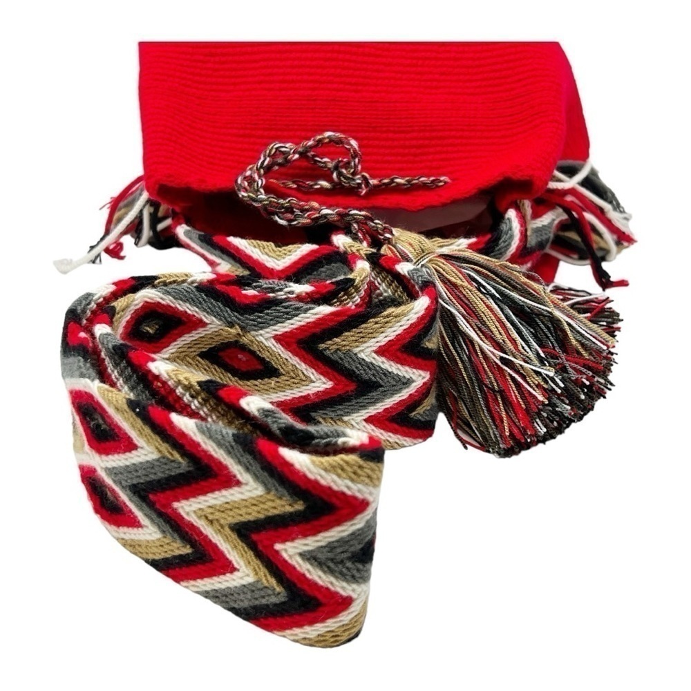 Bag Wayuu Mochila Bucket Boho Colombia Rioacha Red White Black Tan Purse - Picture 5 of 8